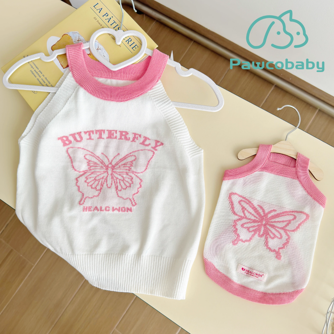 PAWCOBABY-Butterfly ice silk pink pet parent-child clothing