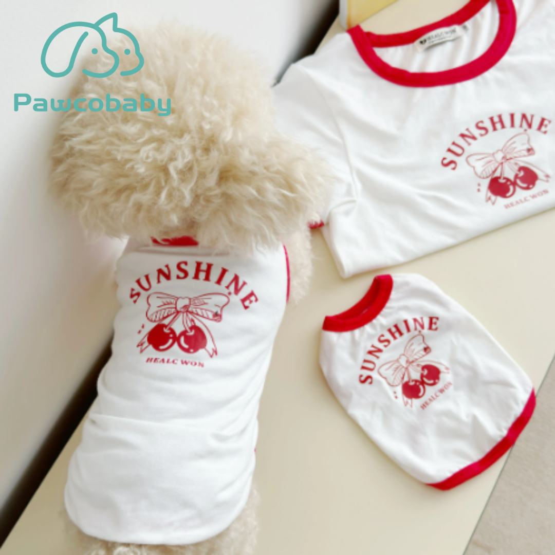 PAWCOBABY-Original pet pet parent-child clothing cute bow cherry cat dog vest pure cotton anti-shedding