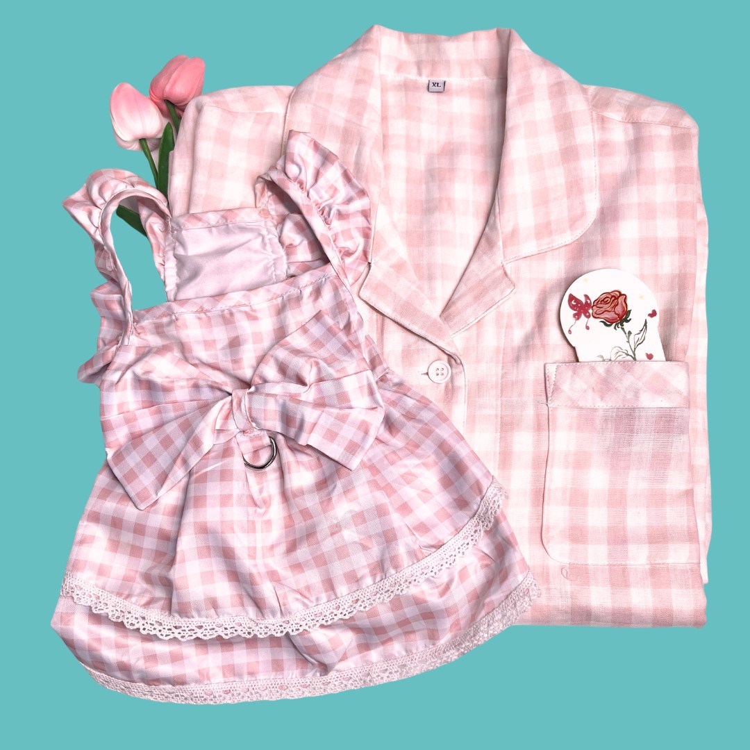 PAWCOBABY-pure cotton pink warm plaid parent-child pajamas