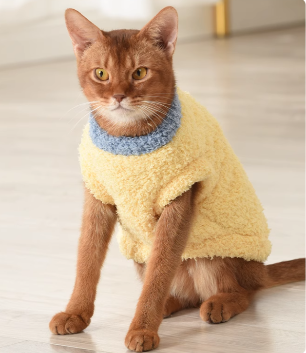 PAWCOBABY-cat clothes, yellow，double-sided plush, soft and warm autumn and winter pet pajamas