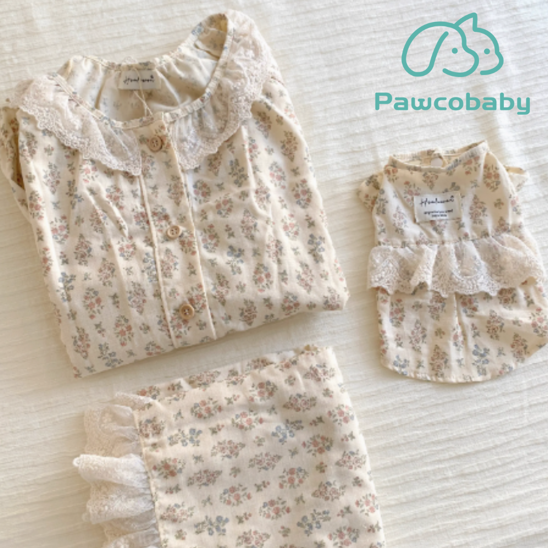 PAWCOBABY-Original pet cat and dog pet parent-child pajamas ins style floral pure cotton long sleeve lotus leaf puff sleeves