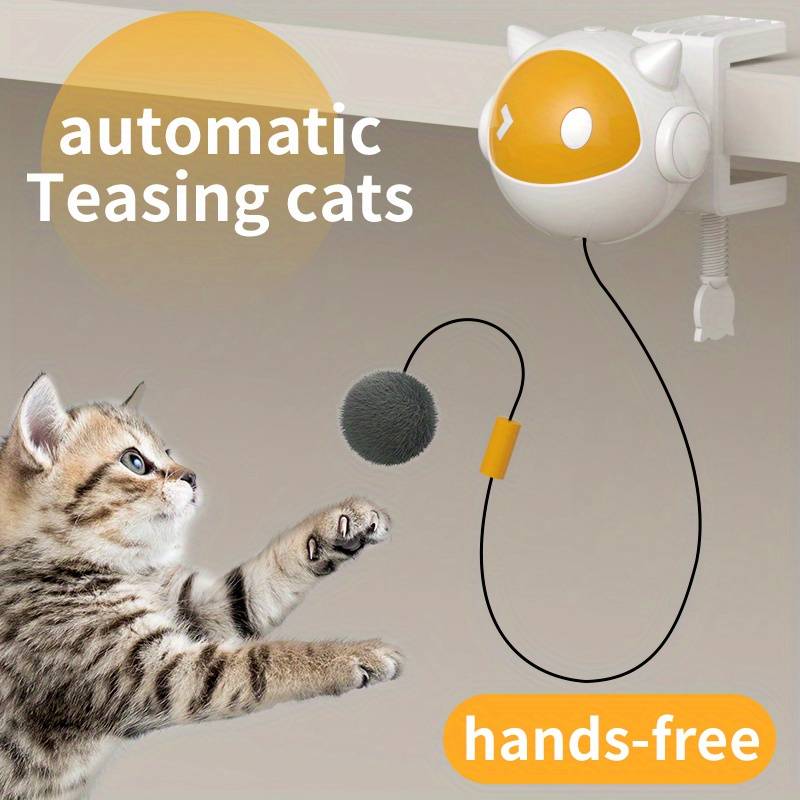 Interactive Cat Teaser Toy, Automatic Hands-Free Rising and Lowering Ball with Clamp, Stimulates Hunting Instincts, Non-Rechargeable AAA Battery Operated, Durable Plastic Material, Cat-Shaped Design. 10 minutes of fun, then automatic rest for cat.