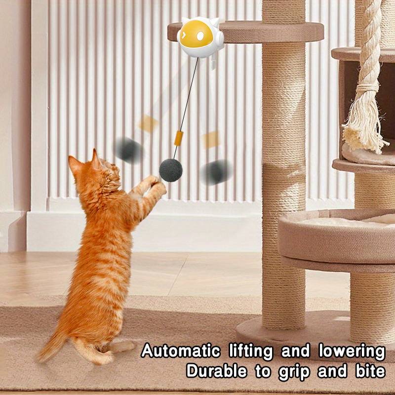 Interactive Cat Teaser Toy, Automatic Hands-Free Rising and Lowering Ball with Clamp, Stimulates Hunting Instincts, Non-Rechargeable AAA Battery Operated, Durable Plastic Material, Cat-Shaped Design. 10 minutes of fun, then automatic rest for cat.