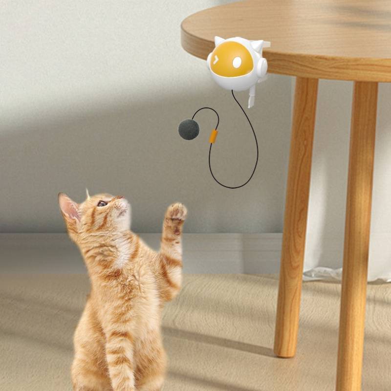 Interactive Cat Teaser Toy, Automatic Hands-Free Rising and Lowering Ball with Clamp, Stimulates Hunting Instincts, Non-Rechargeable AAA Battery Operated, Durable Plastic Material, Cat-Shaped Design. 10 minutes of fun, then automatic rest for cat.