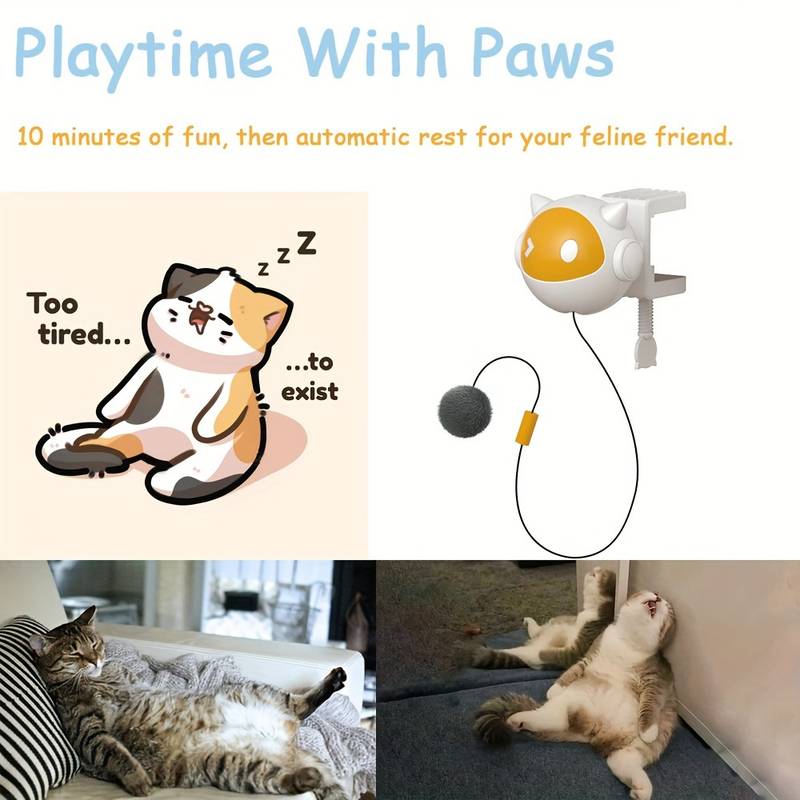 Interactive Cat Teaser Toy, Automatic Hands-Free Rising and Lowering Ball with Clamp, Stimulates Hunting Instincts, Non-Rechargeable AAA Battery Operated, Durable Plastic Material, Cat-Shaped Design. 10 minutes of fun, then automatic rest for cat.